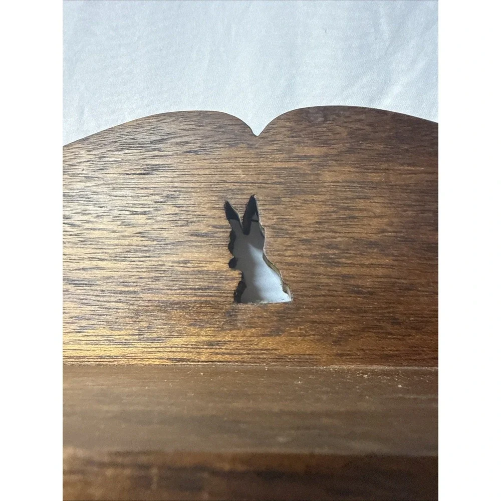 VTG Bunny Cut Out Knick Knack Curio Collectible Shelf Scalloped Oak Signed